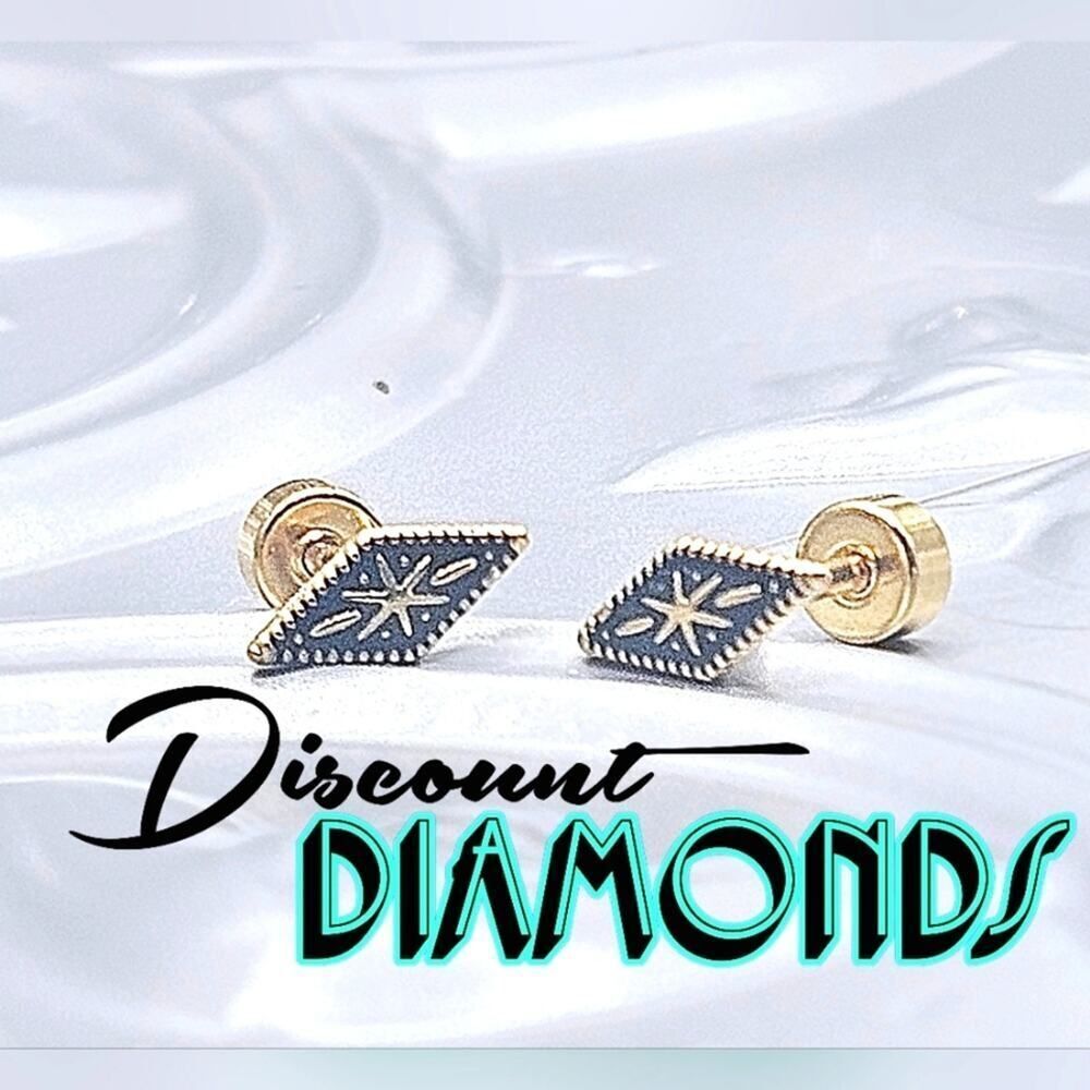 Dainty Black 18K Yellow Gold Vintage Diamond Shaped Screw Back Earrings